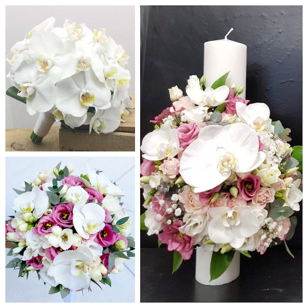 Pachet complet de nunta cu orhidee - buchete si lumanari cununie