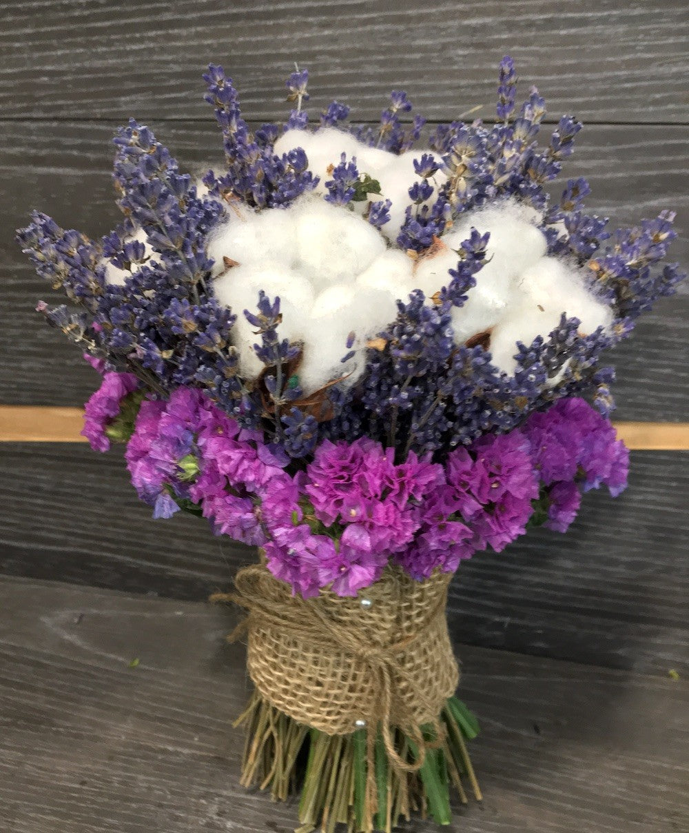 Buchet cununie rustic bumbac, lavanda si limonium