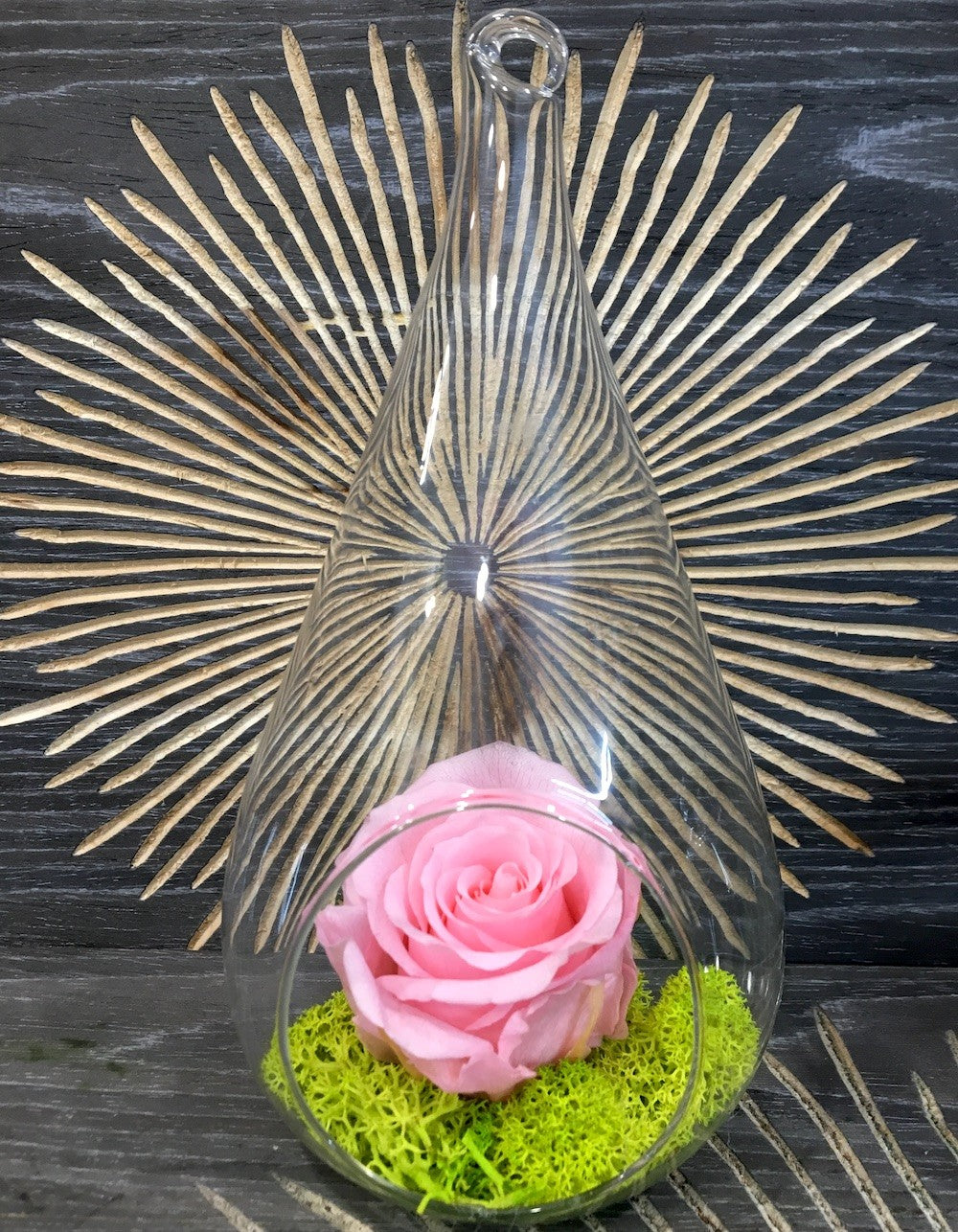 Trandafir criogenat roz in terarium lacrima