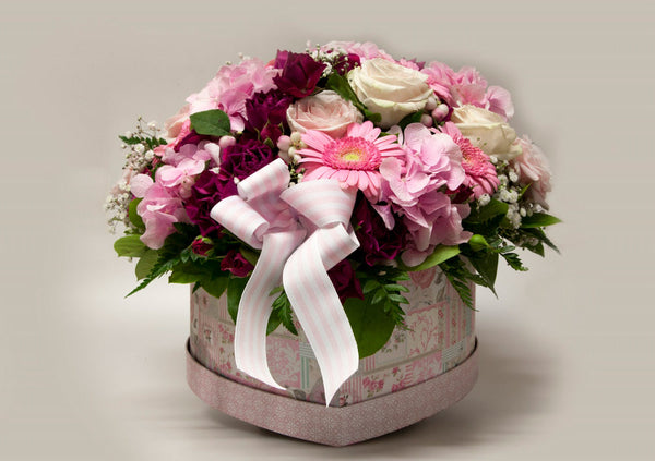 Aranjament floral din gerbera, hortensi, minirose si trandafiri
