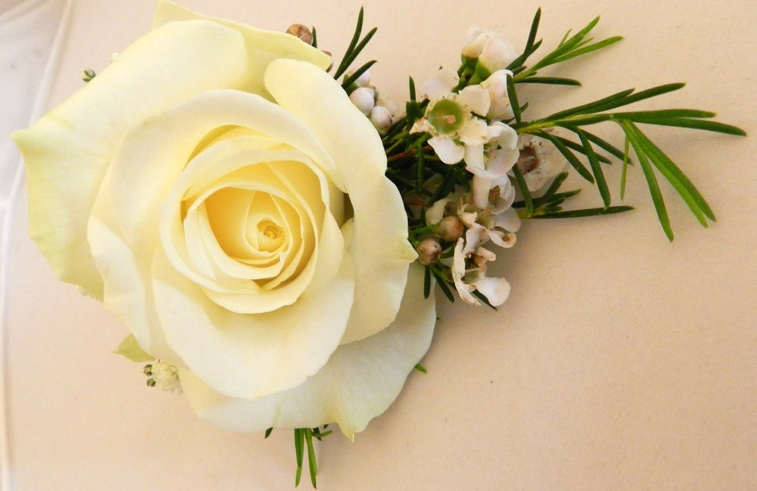 Cocarde naturale cu trandafiri, floarea miresei si wax flower