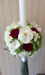 Baptism candle with hydrangea, mini roses and roses