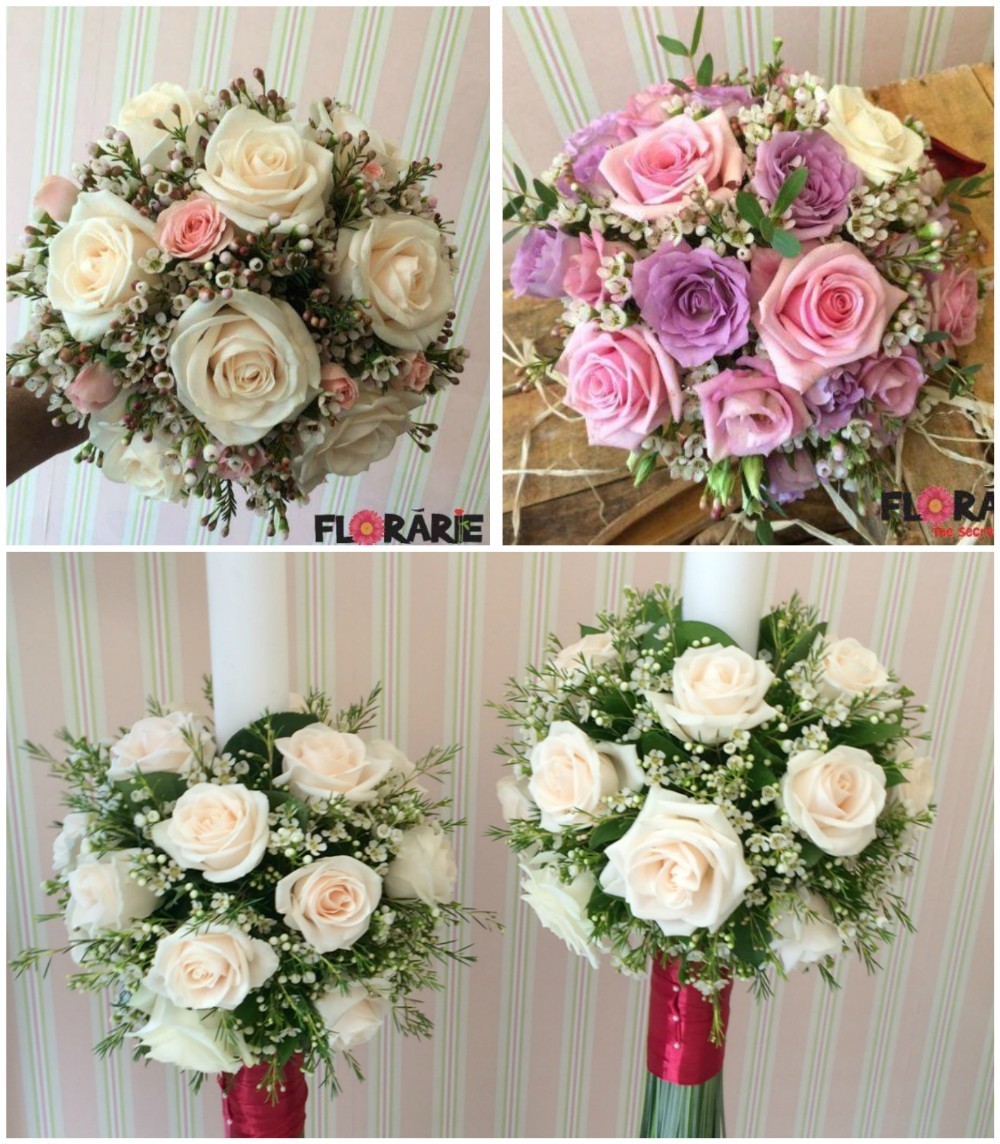 Pachet de cununie din trandafiri, minirose si wax flowers