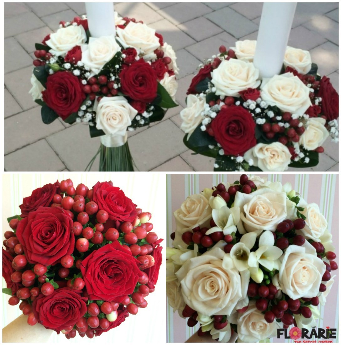 Pachet de cununie cu trandafiri, minirose si hypericum