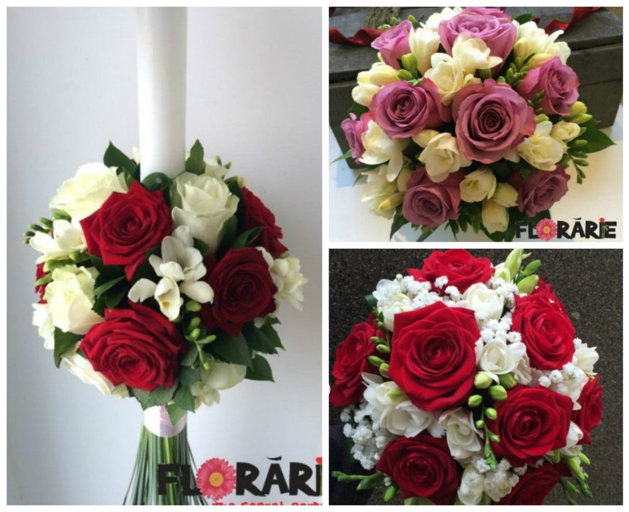 Pachet complet de buchete si lumanari cununie cu frezii si trandafiri
