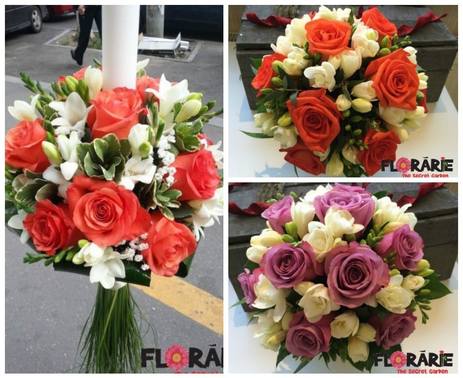 Pachet de buchete si lumanari cununie cu trandafiri corai si frezii albe