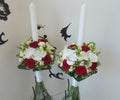 Lumanari cununie cu trandafiri rosii, frezii si orhidee phalaenopsis