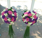 Lumanari de nunta cu trandafiri aqua, lisianthus mov si frezii albe