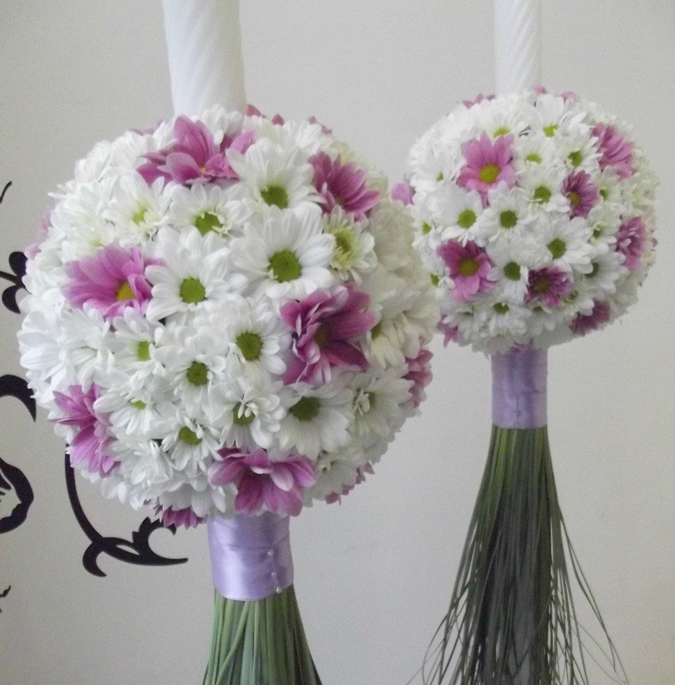 Lumanari de cununie din crizantema alba si lila