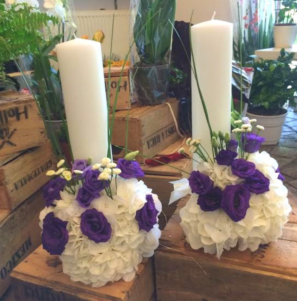 Lumanari cununie mici din hortensie, lisianthus si santini