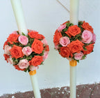 Lumanari nunta glob trandafiri portocalii si roz