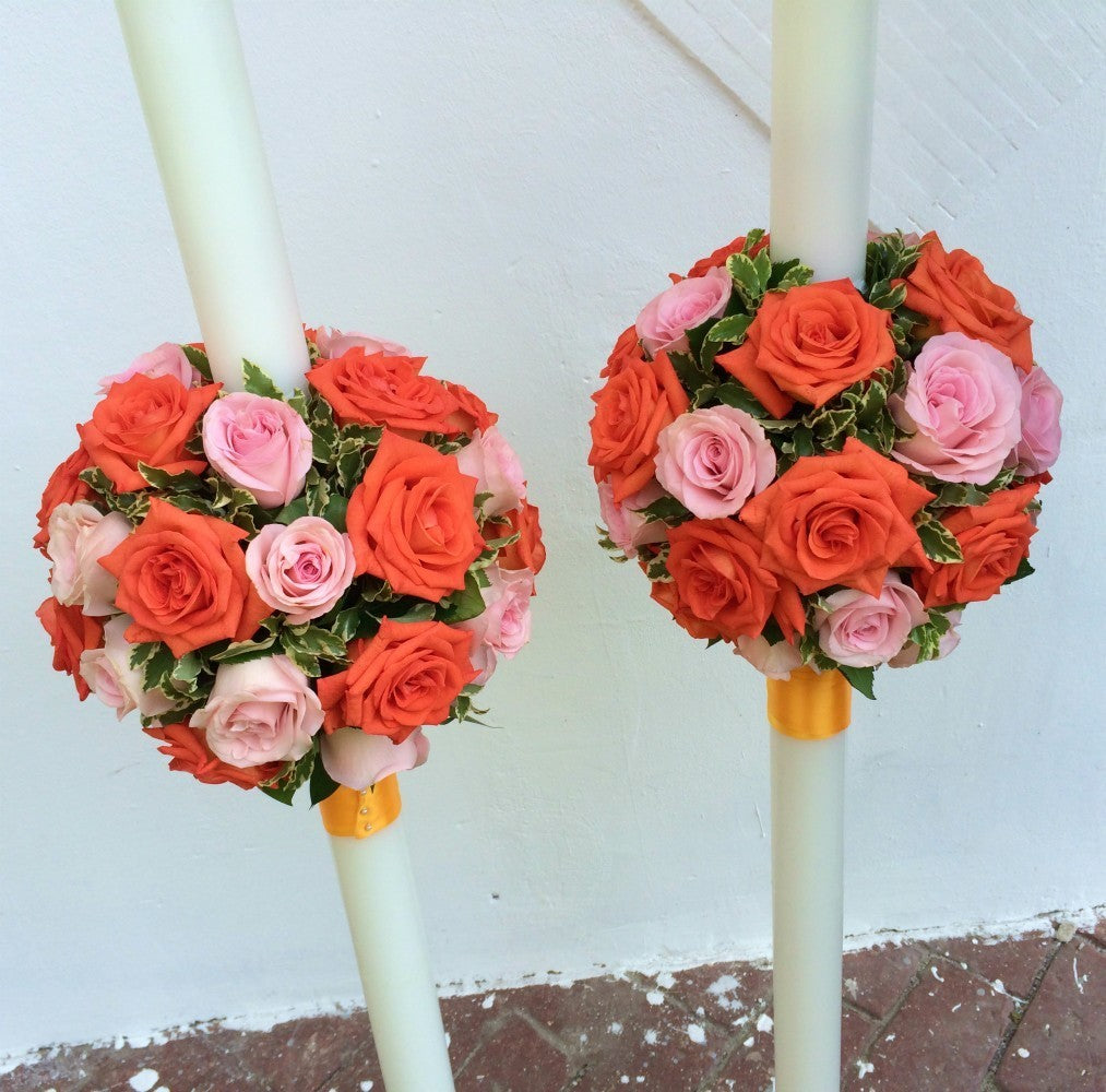 Lumanari nunta glob trandafiri portocalii si roz