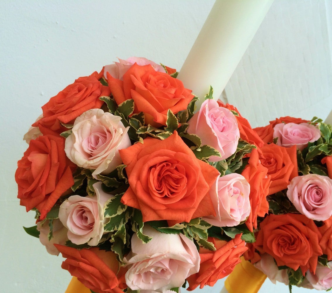 Lumanari nunta glob trandafiri portocalii si roz