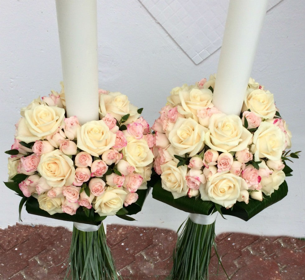 Lumanari nunta cu trandafiri si minirose