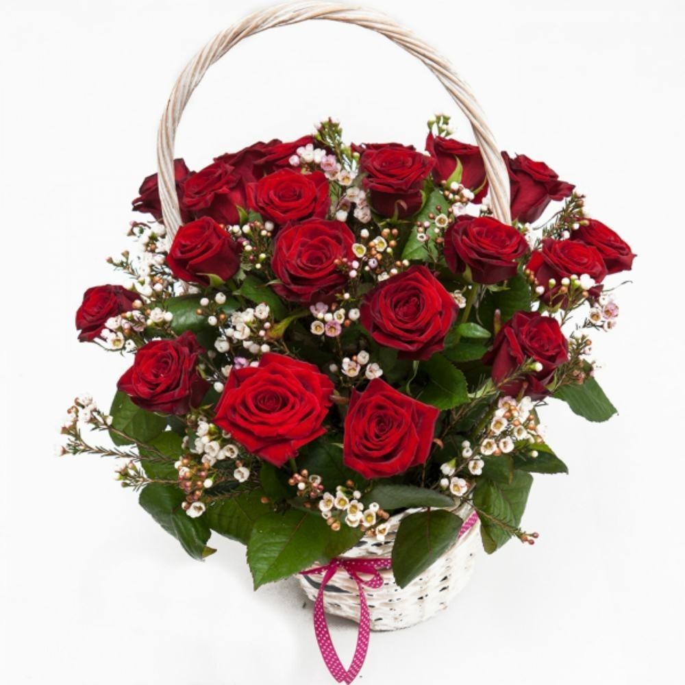 Cos cu trandafiri rosii si wax flowers