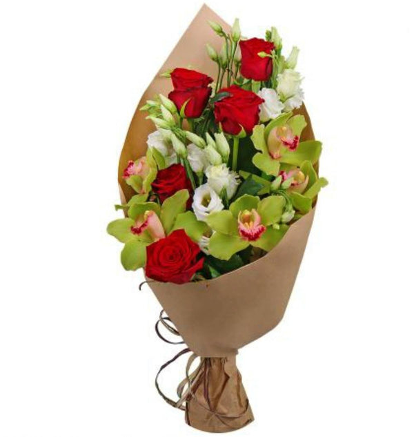 Buchet de trandafiri rosii si orhidee cymbidium verde