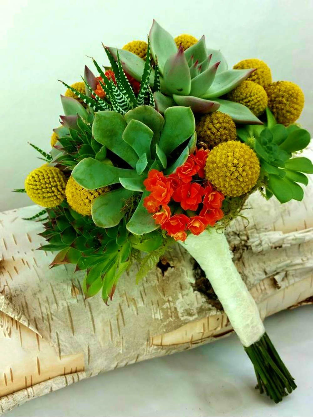 Buchet cununie plante suculente si craspedia