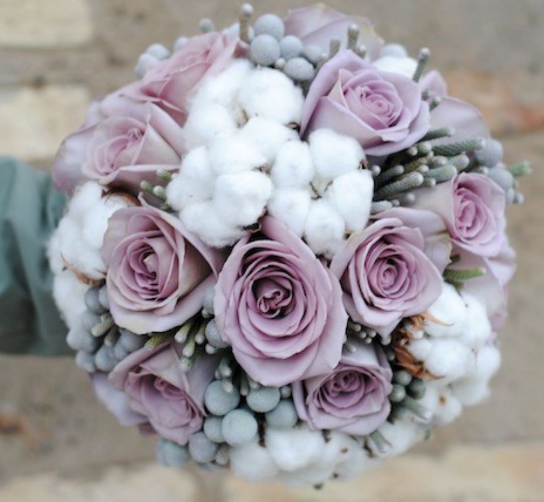 Buchet mireasa deosebit cu flori de bumbac si brunia argintie- pret imbatabil!