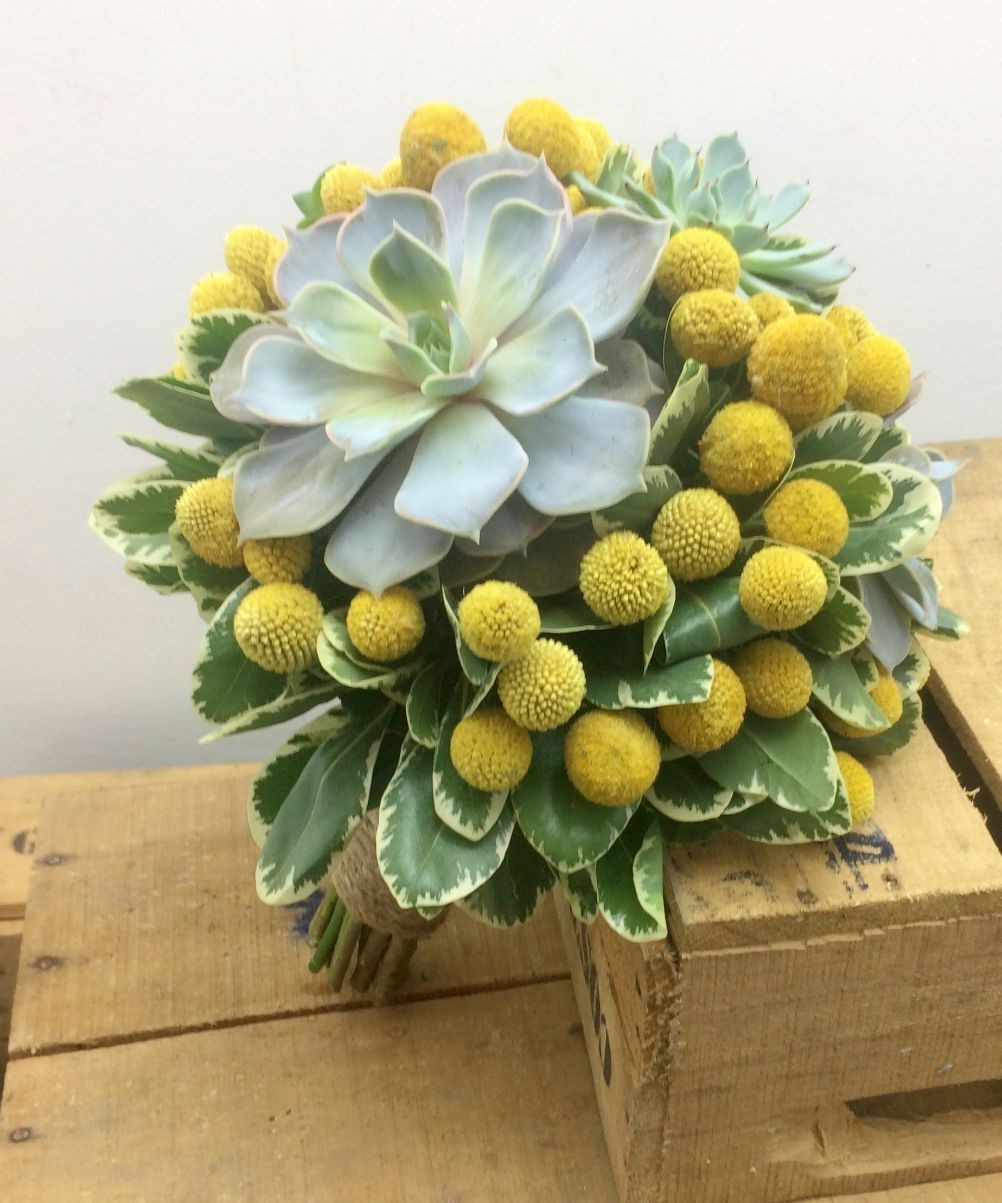 Buchet de cununie cu plante suculente si craspedia