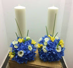 Lumanari cununie scurte, cilindrice hortensie si frezii galbene
