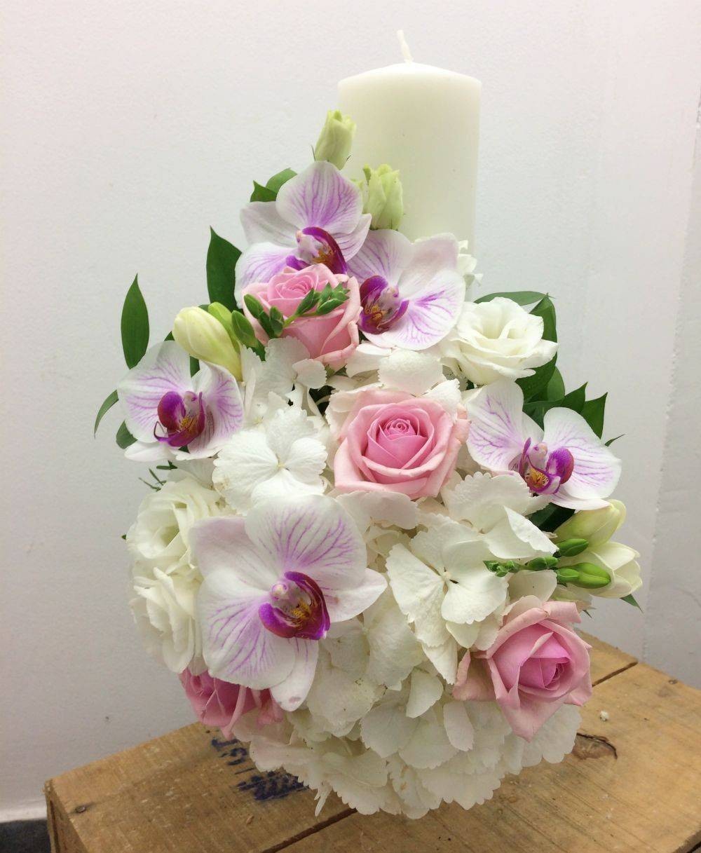 Lumanare pentru botez, scurta, fete, hortensie si frezii!