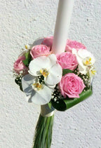 Lumanare botez roz trandafiri si orhidee phalaenopsis