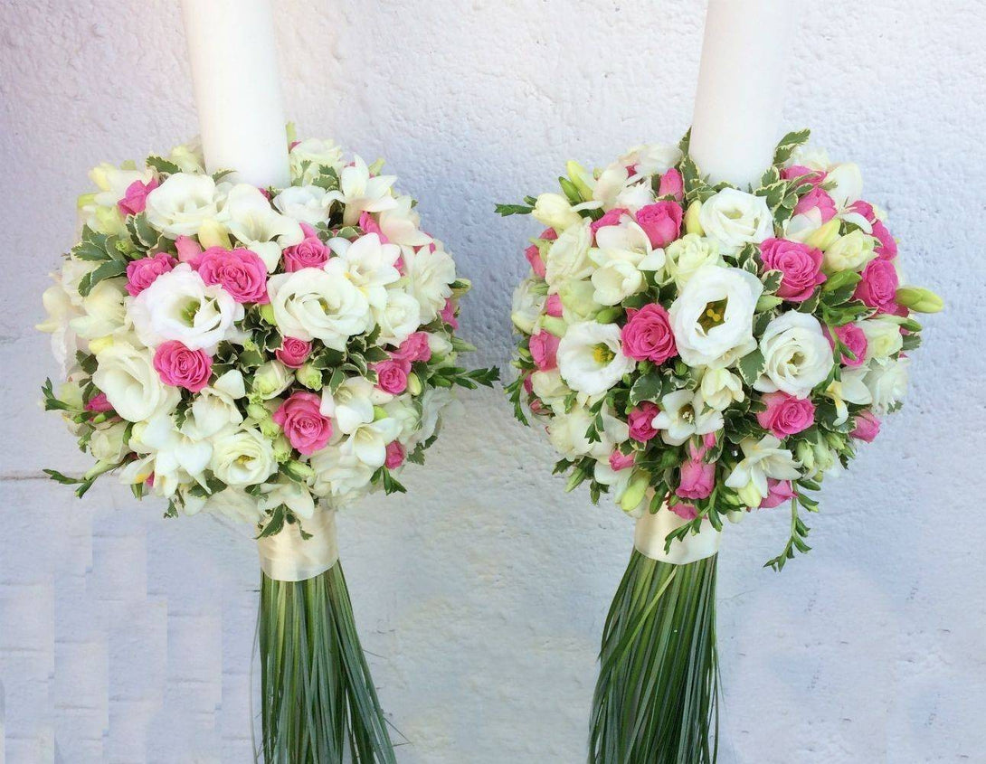 Lumanari nunta sferice minirose roz si lisianthus