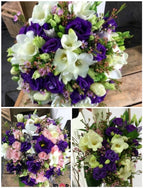 Pachet de cununie de lumanari scurte si buchete cu lisianthus, minirose si frezii