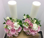 Lumanari scurte de cununie trandafiri roz si frezii - livrare bucuresti