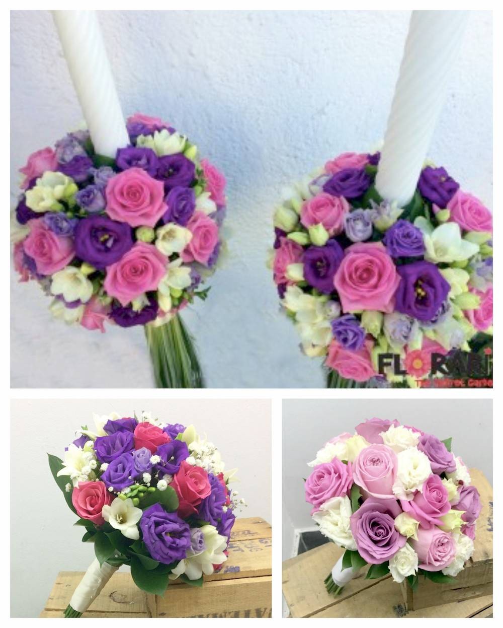 Pachet complet cununie lumanari si buchete frezii si lisianthus