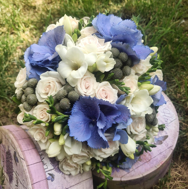 Hydrangea, brunia and minirose wedding bouquet