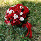 Red bridal bouquet with mini roses and hypericum