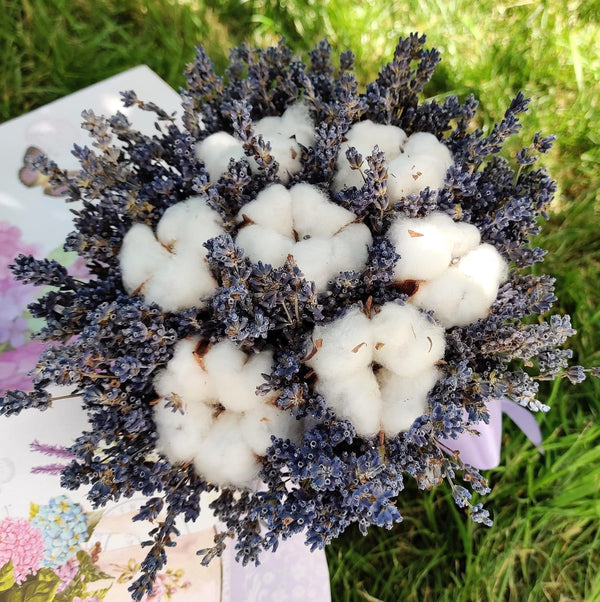 Special bouquet of lavender and cotton flowers