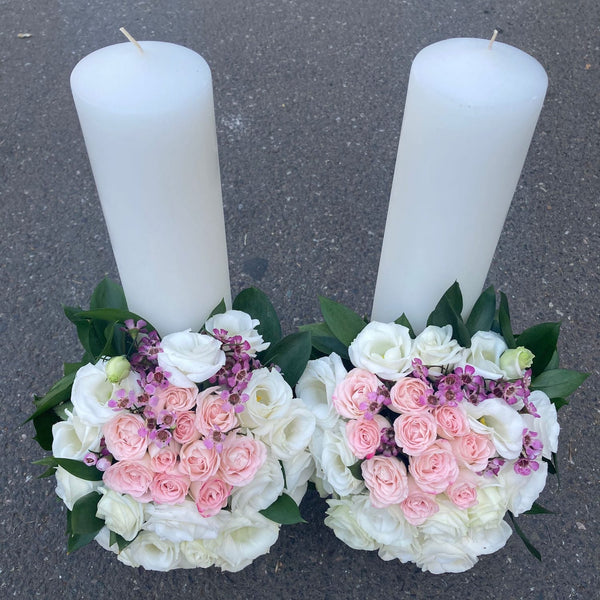 Short white lisianthus wedding candles and wax flowers