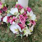 Short lisianthus and orchid wedding candles