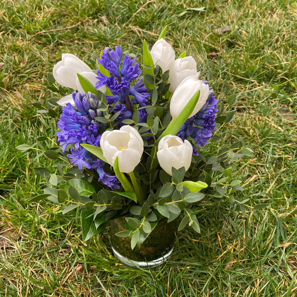 Spring arrangement with hyacinths and tulips