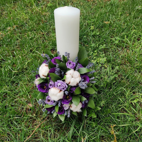 Short christening candle purple lisianthus and lavender