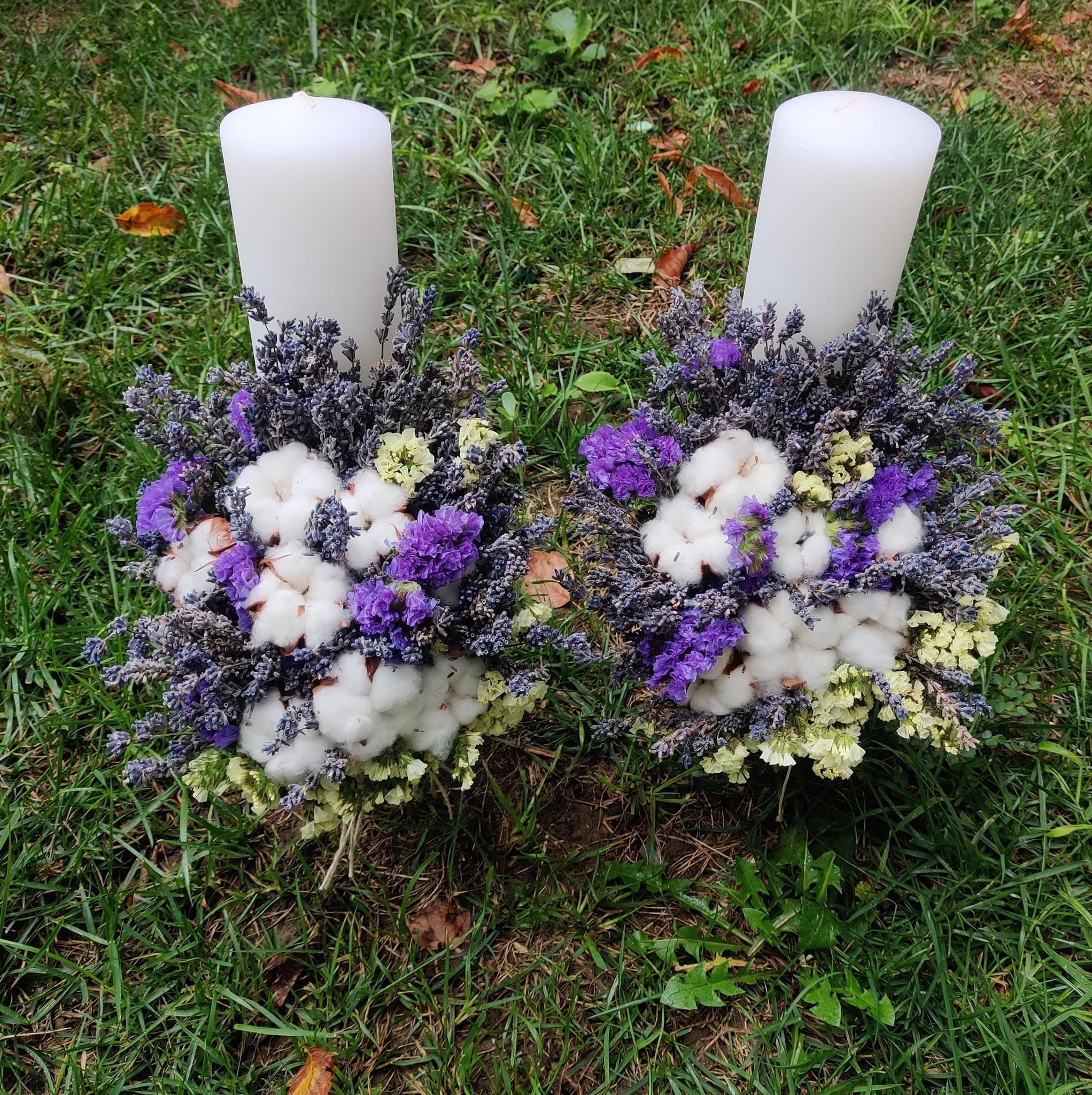 Lumanari de nunta scurte bumbac si limonium