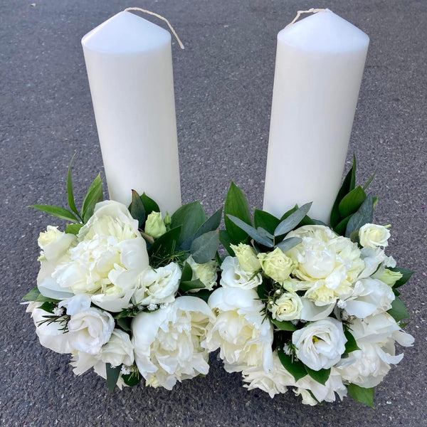 White peonies wedding candles